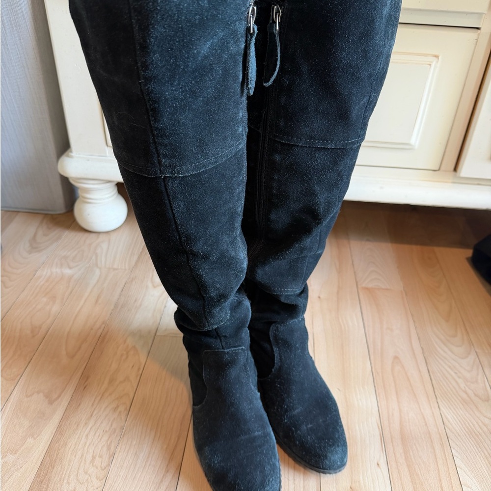 Franco Sarto Black Suede Over-the-Knee Boots with Side Zip Detail